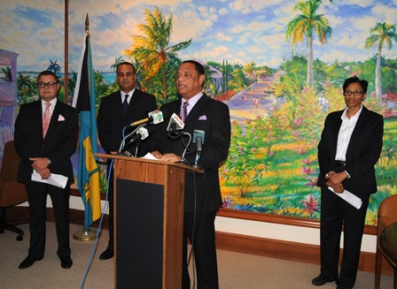 Prime Minister, the Rt. Hon. Perry G. Christie announces the establishment of Resolve, a new Bahamian company, which will take control of commercial loans in default at the Bank of The Bahamas. The announcement was made during a press conference held at the Office of The Prime Minister on Friday, October 31. Also pictured, L-R: Mr. Paul McWeeney, Managing Director, Bank of The Bahamas; the Hon. Michael Halkitis, Minister of State for Finance; and Mrs. Wendy Craigg, Governor, Central Bank.  (BIS Photo/Peter L. Ramsay).